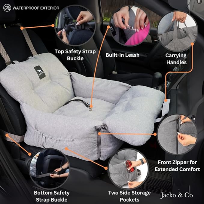 JACKO & CO Premium Dog Car Seat – Safe & Cozy Travel Bed and Carrier for Small Dogs, Puppies, Pets up to 25 lbs, Clip-On Leash & Storage Pockets, Water-Resistant, Machine Washable (Grey, Small)