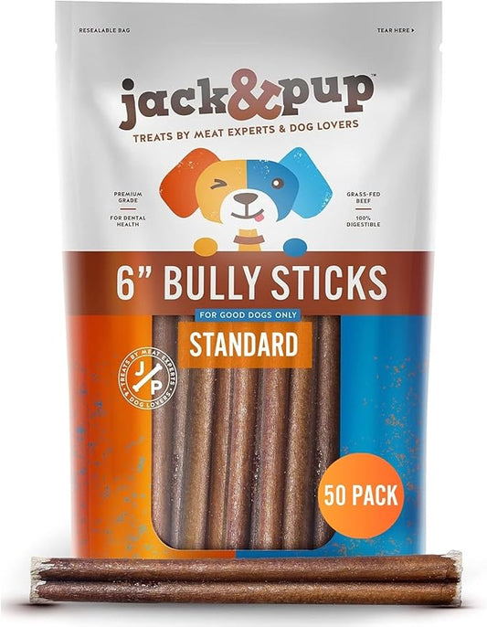 Jack&Pup 6 Inch Bully Sticks for Medium Dogs, Dog Bully Sticks for Small Dogs-6" Stick for Puppies Bully Stick Odor Free Long Lasting Dog Chews, (6 Inch Bully Stick 50 Pack)