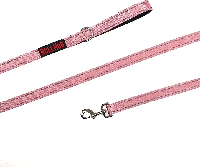 BULLHUG 6 FT Bulldog Leash with Padded Handle. Perfect for Bulldogs, French Bulldogs, Pugs & All Breeds. Leashes for Walking, Training Lead for Bulldogs (Reflective Stitching, BABYPINK)