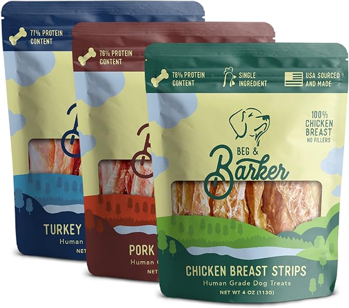 Beg & Barker Chicken, Pork, & Turkey Jerky for Dogs (4 oz, Pack of 3) - Dog Training Treats - Natural Dog Treats Made in The USA - Grain Free, Diabetic-Friendly, High Protein, Sugar-Free…