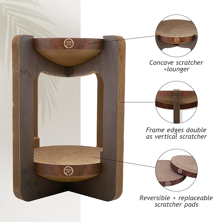 Necoichi Cat Scratcher Tower for Indoor Cats - Cat Scratching Post Lounger with Reversible Usability and Extra Comfort for Lounge, Cardboard Bed Couch / (XL, Dark Cherry)