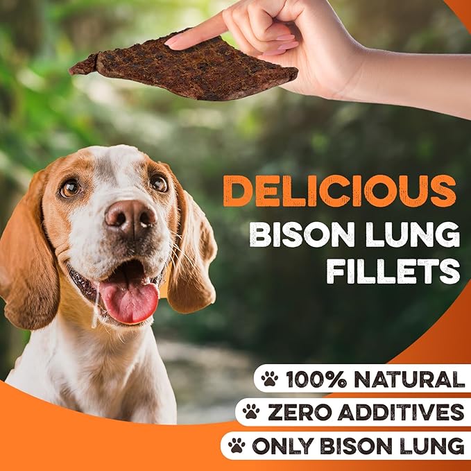 BRUTUS & BARNABY Bison Lung Fillets for Dogs – 100% USA-Sourced Single Ingredient Dog Treat – High Protein, Healthy, All-Natural Dog Chews – Grain-Free, No Additives, (8oz) – Made in The USA