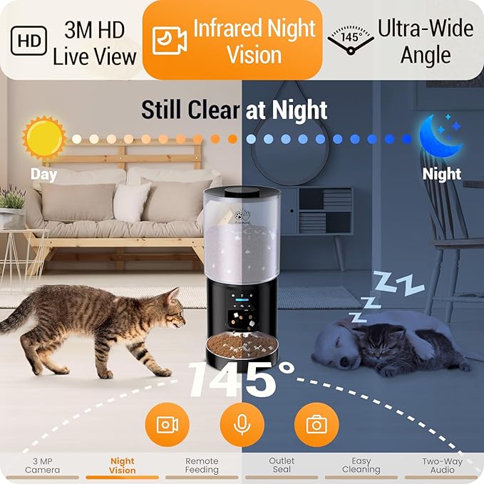 Automatic Cat Feeder with HD Camera: 5G WiFi Automatic Dog Feeder with Night Vision, 5L Timed Auto Cat Food Dispenser with APP for Pet, Detachable for Easy Clean-21 Cups