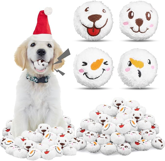 60 Pcs Christmas Dog Toys Squeaky Plush Balls, Soft Puppy Snowball with Dog & Snowman Smile, Christmas Pet Squeaker Fluffy Ball for Interactive Small & Medium Dogs Xmas Toys Party Decorations