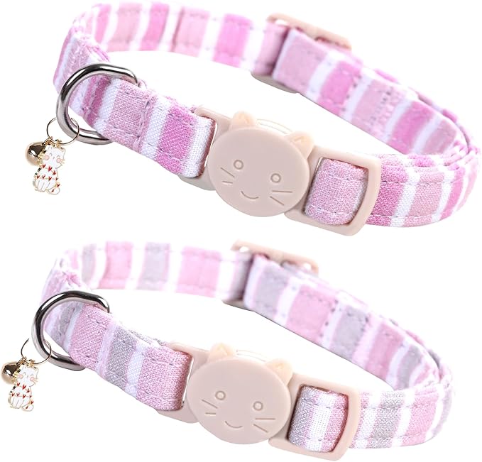 Elegant little tail 2 Pack Cat Collar-Pink Strip Cotton Breakaway Cat Collars with Bell Pendant Kitten Girl Safety Adjustable Collar for Small Cats Puppy