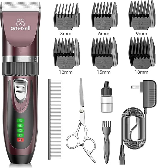 Oneisall Low Noise Dog Clippers, 2-Speed Quiet Grooming Kit Rechargeable Cordless Pet Hair Clipper Trimmer Shaver for Small and Large Dogs Cats Animals (Dark Plum)