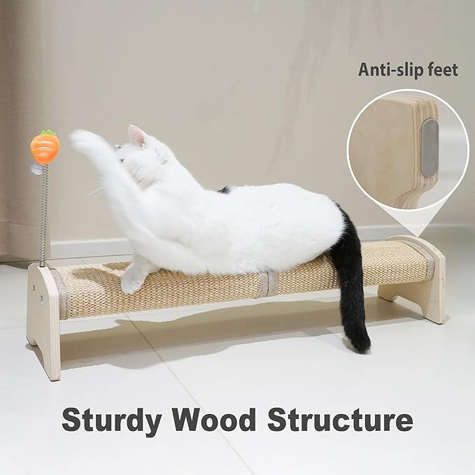 Meeyoview 30" Horizontal Scratching Post, Sisal Cat Scratcher with Spring Toy, Large Floor Mount Scratching Pad, Furniture Protector for Indoor Cats, Oval