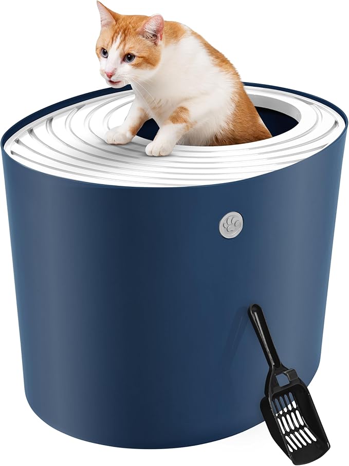 IRIS USA Cat Litter Box, Large Top Entry with Litter Catching Lid and Scoop, Dog Proof, Cat Box Enclosure, Navy/White