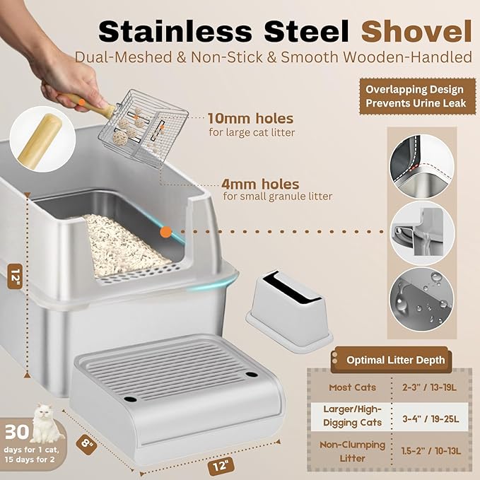 XL Stainless Steel Litter Box with Lid, Fully Enclosed 6" Deep Metal Cat Litter Box, Leak-Proof, Clumping Litter for Large, Multi-Cats, with Litter Mat, Scooper & Brush (6" Light Gray XL)