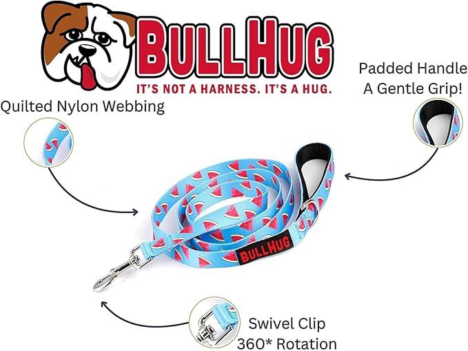 BULLHUG 6 FT Leash With Padded Handle for Bulldogs, French Bulldogs, Pugs & All Breeds - Perfect for Walking, Training Lead (Watermelon)