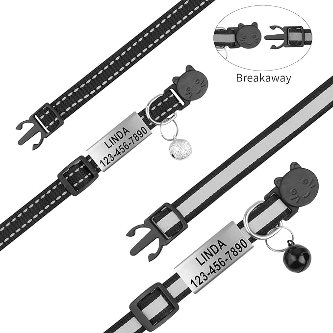 Cat Collar Personalized - Breakaway Reflective Cat Collar with Bell-Custom Cat Collars Engraved with Name and Phone, Adjustable for Cats and Kitten