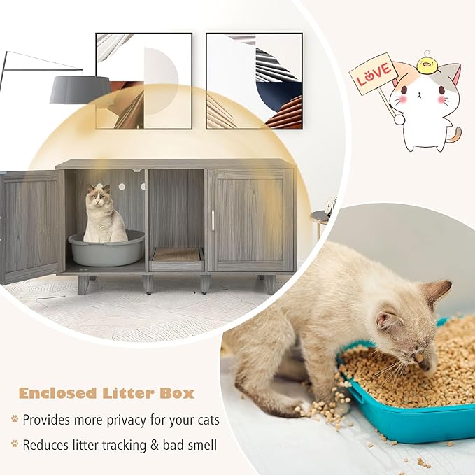 Tangkula Double Cat Litter Box Enclosure for 2 Cats, Large Stackable Hidden Privacy Cat Washroom Cabinet with Scratching Board, Indoor Cat House TV Stand, Litter Box Furniture (Grey Oak)
