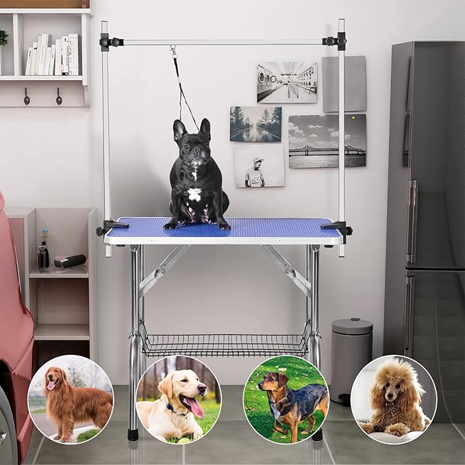 Lyromix Dog Grooming Table For Large Dog, 46'' Adjustable Pet Grooming Table, Foldable Dog Grooming Station With Arms, Noose, Mesh Tray, Maximum Capacity Up to 300Lb, Blue