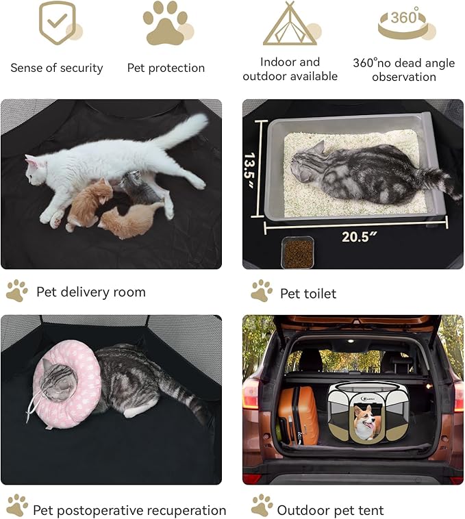 Dog Cat Playpen, Medium Puppy Pet Playpen, Dog Crate Tent Cage Indoor/Outdoor, Portable Pop Up Dogs Kennel Playpen with Carrying Case for Dogs/Cats/Rabbits Coffee