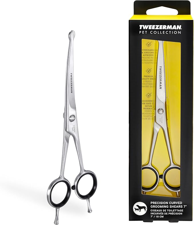 Tweezerman 7" Pet Grooming Scissors with Safety Round Tips, Professional Curved Grooming Shears for Dogs and Cats
