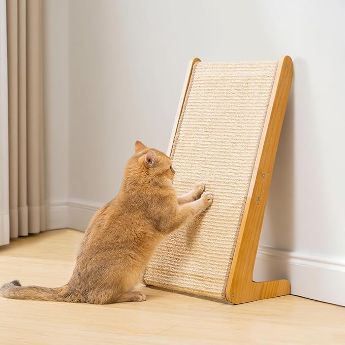 Avont Sisal Cat Scratcher, 25.6 Inch Vertical L Shape Scratching Board with 110° Angled Ramp, Natural Solid Wood with No Mess Scratch Pad for Indoor Cats -Large