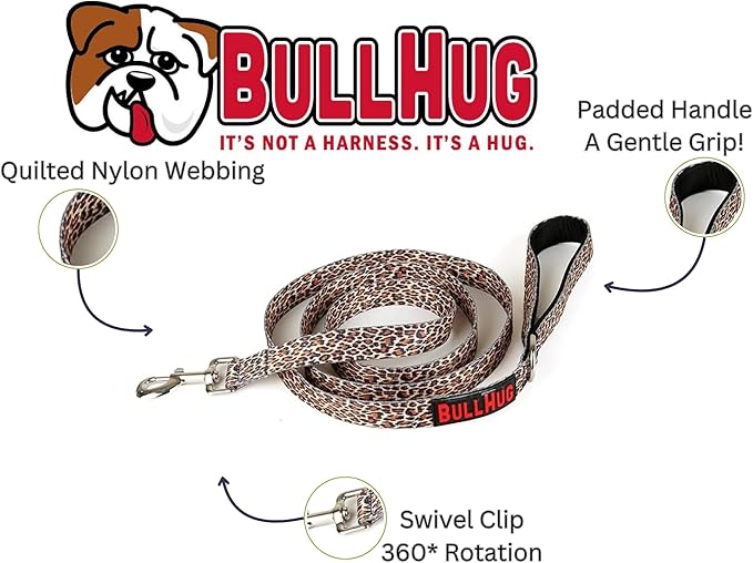 BULLHUG 6 FT Bulldog Leash with Padded Handle. Perfect for Bulldogs, French Bulldogs, Pugs & All Breeds. Leashes for Walking, Training Lead for Bulldogs (Leopard)