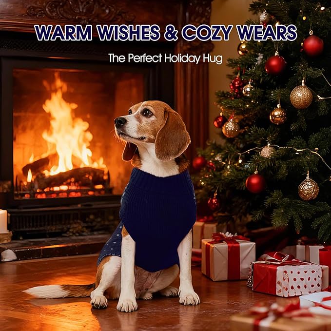 FUAMEY Dog Christamas Sweater, Warm Dog Sweater Classic Snowflake New Year Turtleneck Sweaters Knitwear Cold Weather Dogs Pullover for Small Medium Dogs Puppies & Cats Bulldogs Corgi with Leash Hole