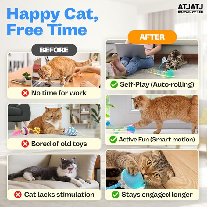 Interactive Cat Balls Toys for Indoor Cats, Automated Smart Ball Cat Toy with Elastic Mesh Tail, 3-Speed Rechargeable Rolling Kitten Toy, Electronic Mental Stimulating Self Play Pet Ball for Fun