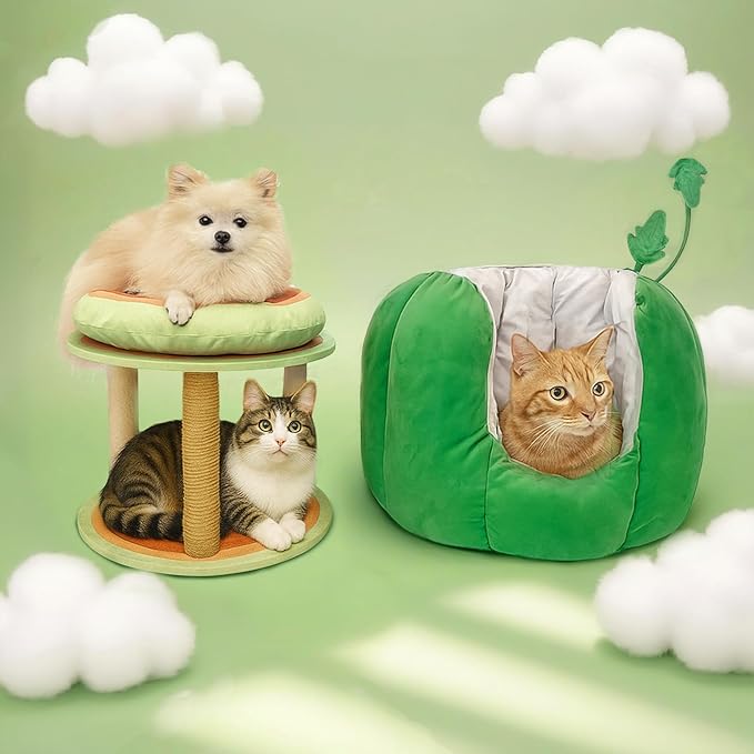 Cat Houses for Indoor Cats, Small Cat Tree with Sisal Ropes and Plush Perch, Cute Cat Bed Cave with Soft Pillow, Watermelon Design