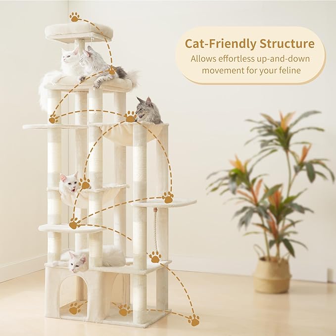 Heybly Cat Tree, 71-Inch Tall Cat Tower for Large Maine Coon Cats with Extra-Large Baseboard, Cat Condo Furniture with Multi-Level Platforms, 2 Hammocks and 12 Scratching Posts, Beige HCT037M