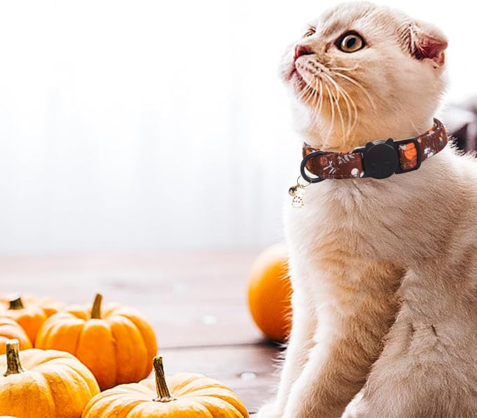 Elegant little tail Fall Cat Collar-2 Pack Pumpkin with Rugby Print Cotton Breakaway Cat Collars with Bell Pendant Kitten Boy Girl Safety Adjustable Collar for Small Cats Puppy