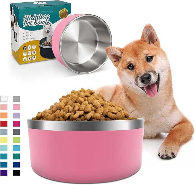 IKITCHEN Dog Bowl for Food and Water, 40 Oz Stainless Steel Pet Feeding Bowl, Durable Non-Skid Double Wall Insulated Heavy Duty with Rubber Bottom for Medium Large Dogs (40 Ounces/5 Cup, Pink)