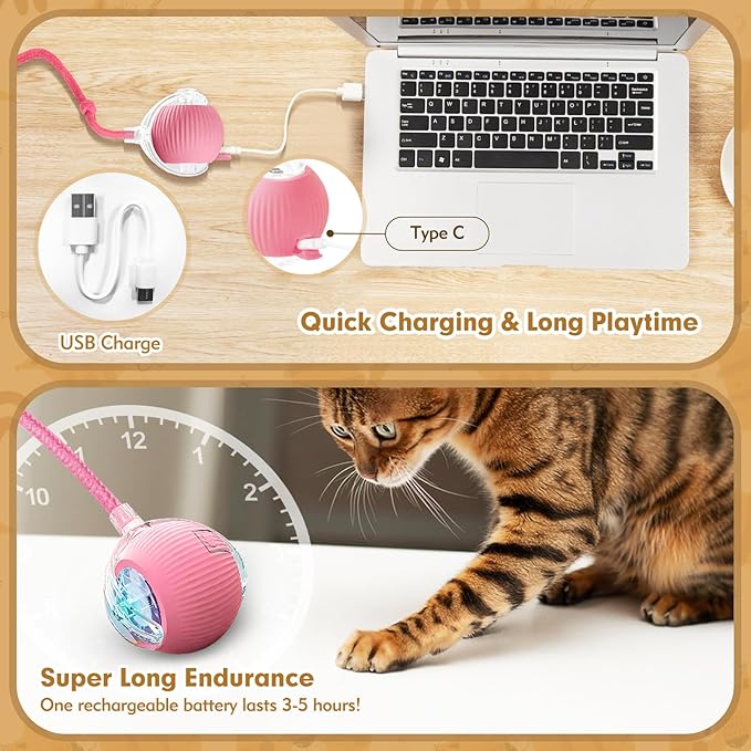 luseyfj Interactive Cat Ball Toys for Indoor Cats, Peppy Pet Ball, 2025 Upgraded Automatic Kitten Toy for Bored Indoor Adult Cat, 360°Smart Rolling Toy (Pink)