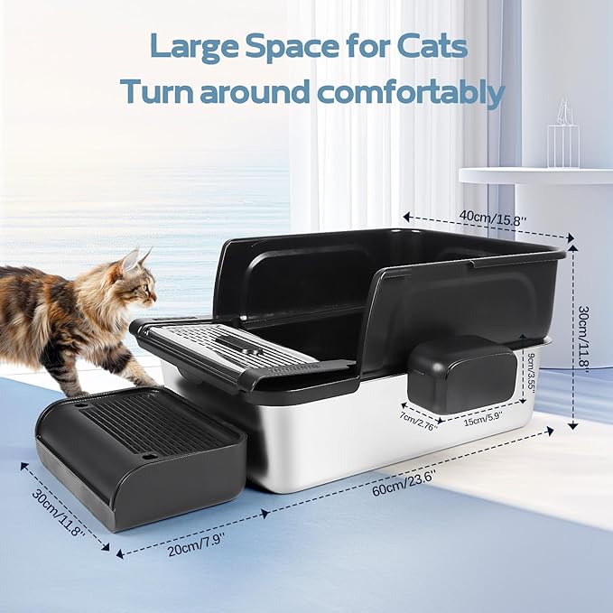 Stainless Steel Litter Box XXL, Extra Large 23.6“L x 15.8”W x 11.8" H High Sided Metal Cat Litter Box with One-Piece Scoop, Filter Pedal, Garbage Bags & Storage Box, Easy Cleaning (Black)