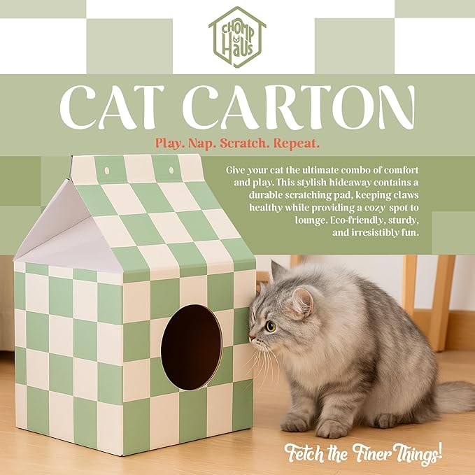 Cardboard Cat House with Scratch Pad – Durable Eco-Friendly Hideaway, Easy Assembly, Stylish Matcha Checkered Design, Indoor Cat Furniture