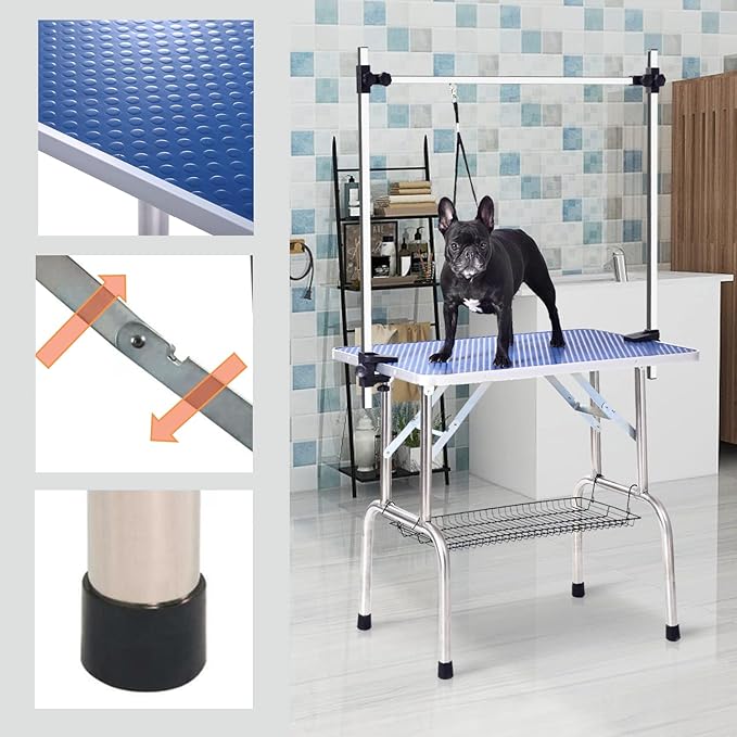 SoarFlash Pet Dog Grooming Table Foldable,Heavy Duty Foldable Pet Grooming Table with Arm & Noose & Mesh Tray, Maximum Capacity Up to 330lbs, 36inch, Blue