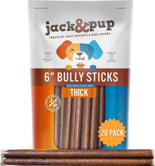 Jack&Pup 6-inch Bully Sticks for Large Dogs (20 Pack) All Natural Thick Bully Sticks for Dogs, Single Ingredient Long Lasting Pizzle Sticks