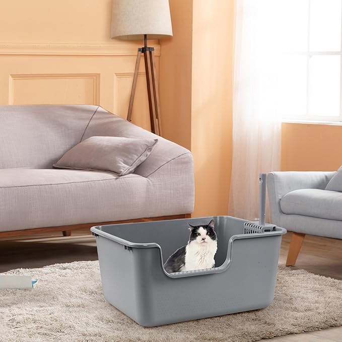 4-Pack Cat Litter Box with High Sides, Grey Open Top Litter Box