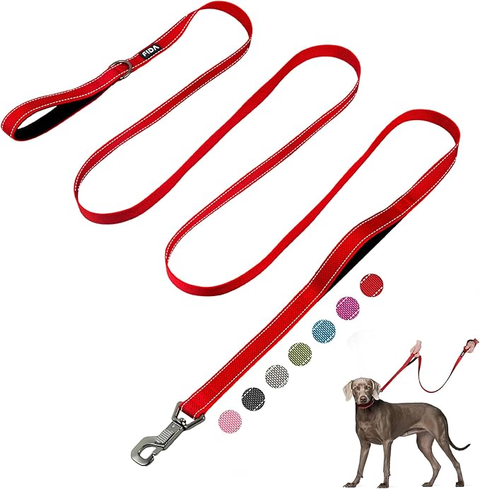 Fida 10ft Heavy Duty Dog Leash with 2 Comfortable Padded Handles, Traffic Handle & Advanced Easy Snap Hook, Reflective Walking Lead for Large, Medium & Small Breed Dogs, Red