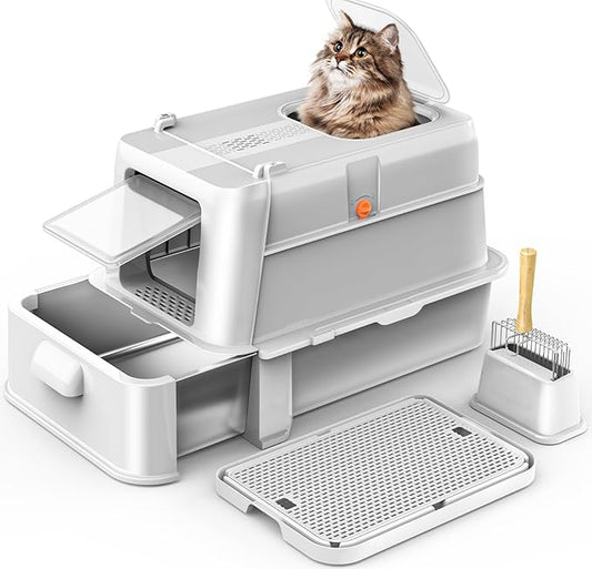 Enclosed Stainless Steel Cat Litter Box with Lid，XL Large Metal Cat Box with Drawer for Big Cats,Top Exit Kitty Litter Box Includes Scoop, Filter Pedal,Odor Control, Easy Cleaning