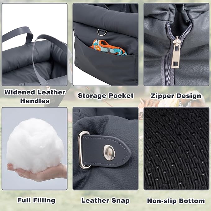 Dog Car Seat for Small & Medium Dogs, Waterproof Soft Leather Dog Car Bed with Harness Clip, Travel Bed & Carrier Bag for Pets, Fits Pets Up to 35 lbs (Navy Blue, Small & Medium)