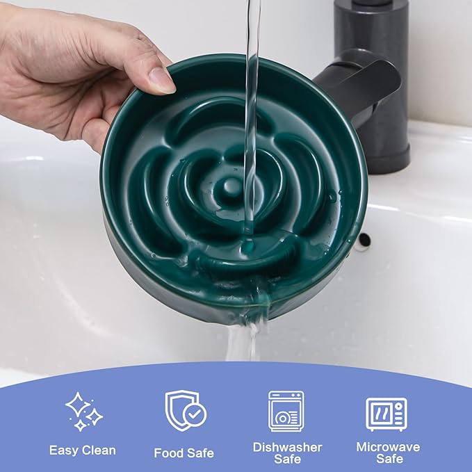 6'' Ceramic Slow Feeder Dog Bowls - Petal Shape Modern Dog Food Dish for Cats and Small Breed Dogs, Puzzle Maze Bowl to Slow Down Eating, Anti-Gulping, Dishwasher & Microwave Safe, Green