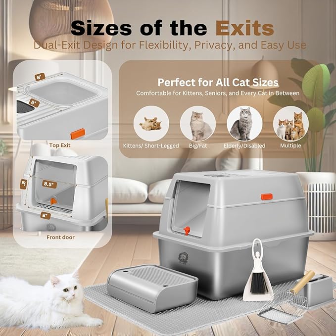 XL Stainless Steel Litter Box with Lid, Fully Enclosed 6" Deep Metal Cat Litter Box, Leak-Proof, Clumping Litter for Large, Multi-Cats, with Litter Mat, Scooper & Brush (6" Light Gray XL)