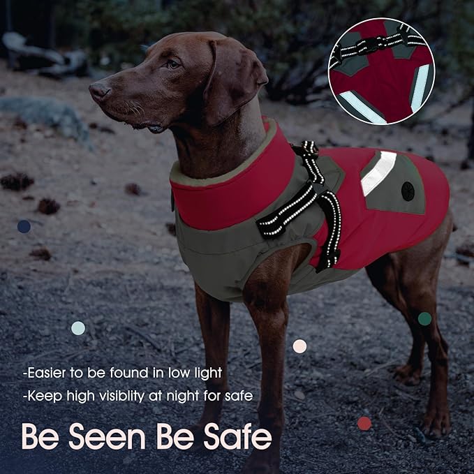 IECOii Large Dog Coat with Harness Built in - Rosered, Large - Waterproof Windproof Dog Winter Coat, Fleece Lined Zip Snow Jacket for Dogs Thermal Outdoor Snowsuit Cold Weather Jackets Bulldog