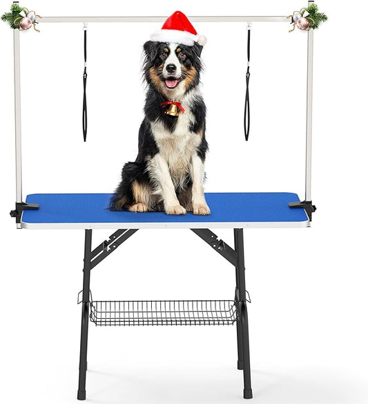 YITAHOME 46" Dog Grooming Table, Foldable Home Pet Bathing Station Table with Adjustable Arm, Non-Slip Desktop, Storage Tray& Noose, Blue