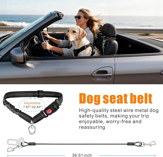 Idepet Dog Seat Belt for Car, 2 Pcs Stainless Steel Chew Proof Dog Seatbelt 3 in 1 Harness for Safety Heavy Duty Pet Seat Belt for Medium & Large Dogs (Black)