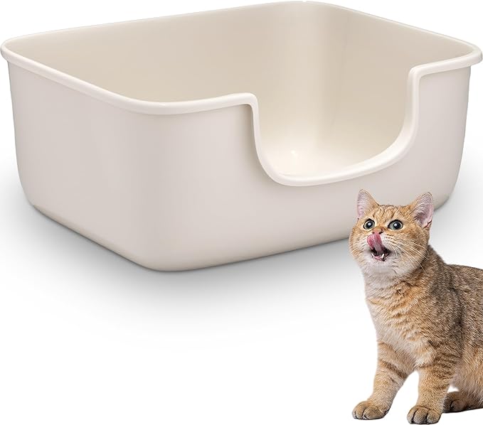 Large Cat Litter Box with High Sides, Open Kitty Litter Boxes Anti-Splashing for Indoor Cat Low Entry Cat Litter Pan for Small and Elderly Cats, Tool-Free Assembly(19.7” * 15.76” * 8.67” White)