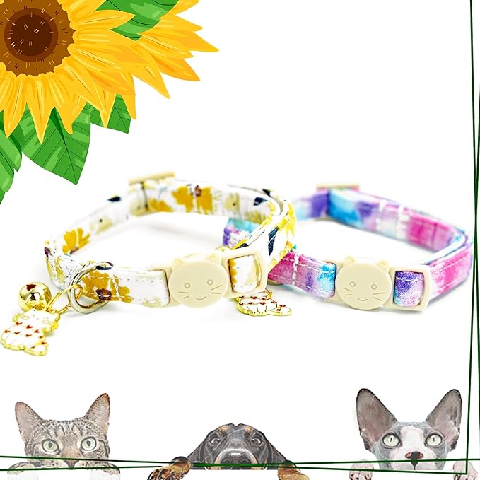 Elegant little tail 2 Pack Cat Collar- Sunflower Print Cotton Breakaway Cat Collars with Bell Pendant Kitten for Girl Safety Adjustable Collar for Small Cats Puppy