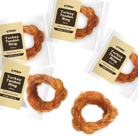 Turkey Tendon for Dogs, Turkey Tendon Ring (S) Pack of 4, 100% Natural, USA-Sourced, High-Protein, Low-Fat, Long-Lasting Dog Chew, Rawhide Alternative, Hypoallergenic Puppy & Dog Treats