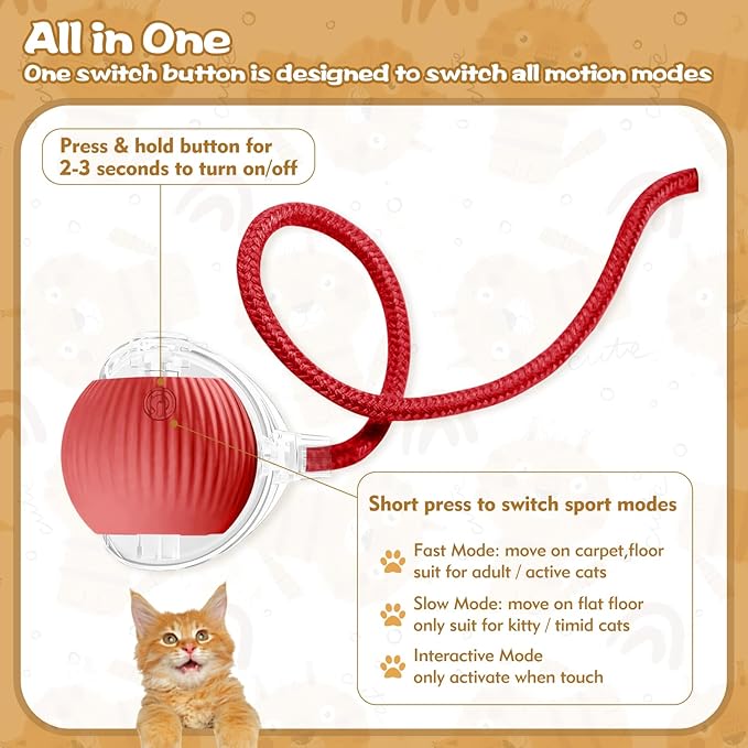 luseyfj Interactive Cat Ball Toys for Indoor Cats, Peppy Pet Ball, 2025 Upgraded Automatic Kitten Toy for Bored Indoor Adult Cat, 360°Smart Rolling Toy (Red)