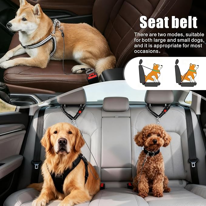 Idepet Dog Seat Belt for Car, 2 Pcs Stainless Steel Chew Proof Dog Seatbelt 3 in 1 Harness for Safety Heavy Duty Pet Seat Belt for Medium & Large Dogs (Black)