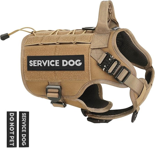 PETNANNY Tactical Service Dog Vest - No-Pull Emotional Support Harness with Hook & Loop Patches & Molle System for Training & Hunting (Khaki, Medium)