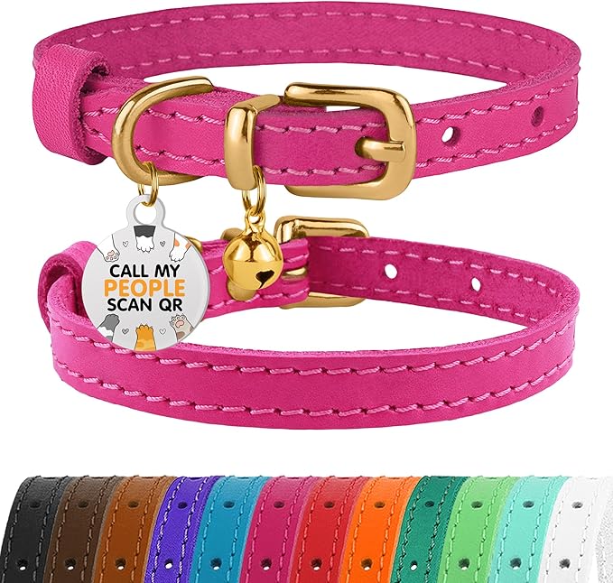BRONZEDOG Leather Cat Collar with Removable Bells Non Breakaway Kitten QR Tag for Girl Boy (9" - 12" Cats/Mini Dogs, Pink & Gold)