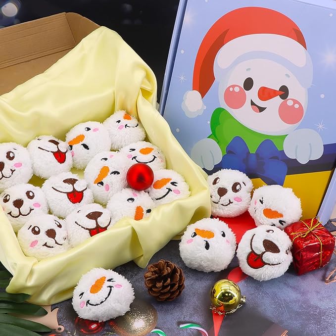 32 Pcs Christmas Dog Toys Squeaky Plush Balls, Soft Puppy Snowball with Dog & Snowman Smile, Christmas Pet Squeaker Fluffy Ball for Interactive Small & Medium Dogs, Xmas Toys Party Decorations