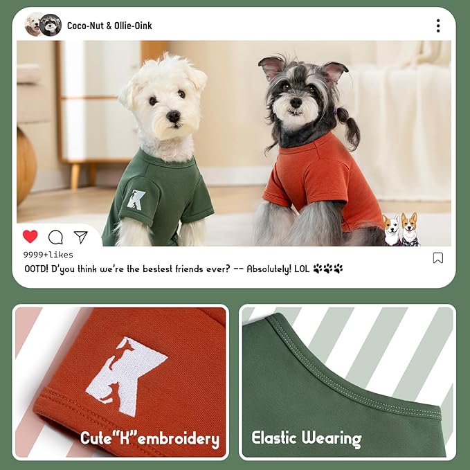 Koneseve Dog Shirts Soft Cat Clothes Comfy Cotton Stretchy for Small Dogs 2-Pack Rust & Mist Green M